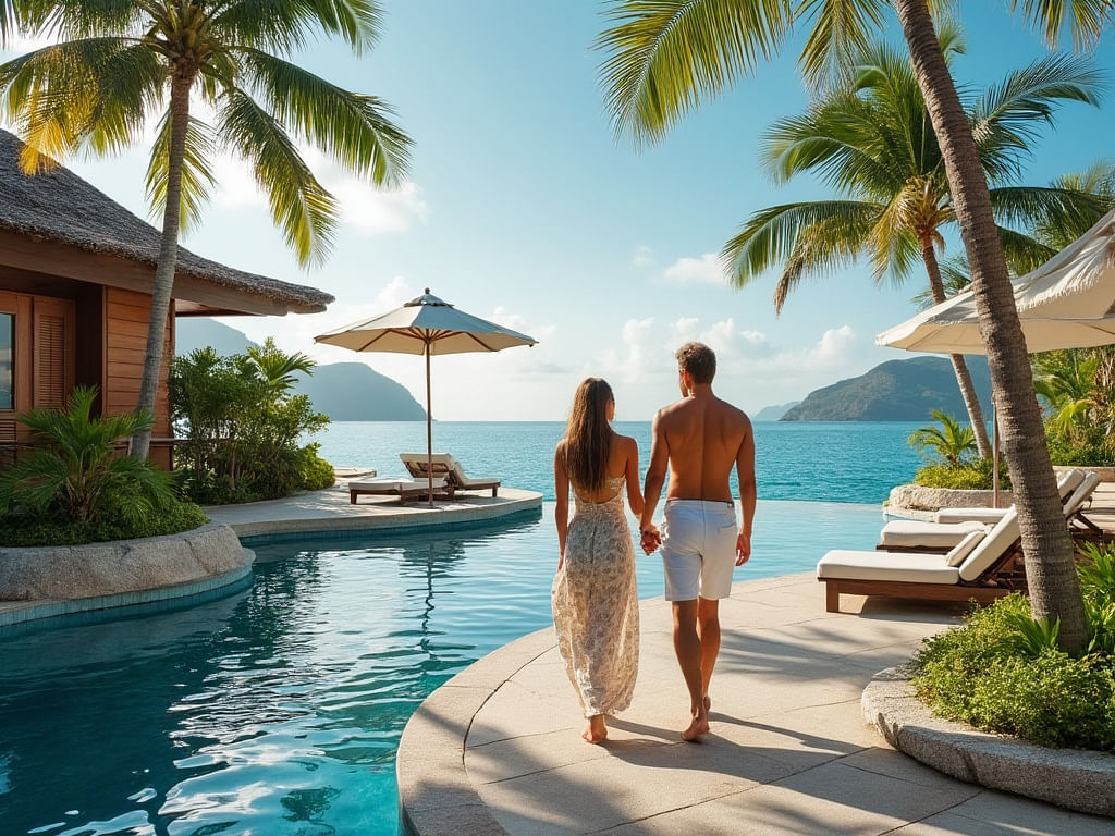 A couple holding hands, walking by a luxurious pool at an exotic resort, surrounded by palm trees and ocean views, enjoying a tropical getaway.