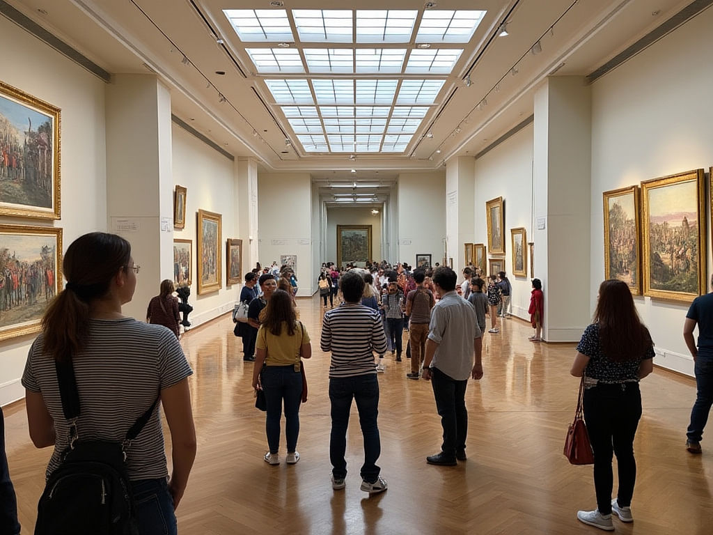 Visitors exploring an art gallery with paintings displayed on the walls, enjoying a cultural experience in a well-lit exhibition space.