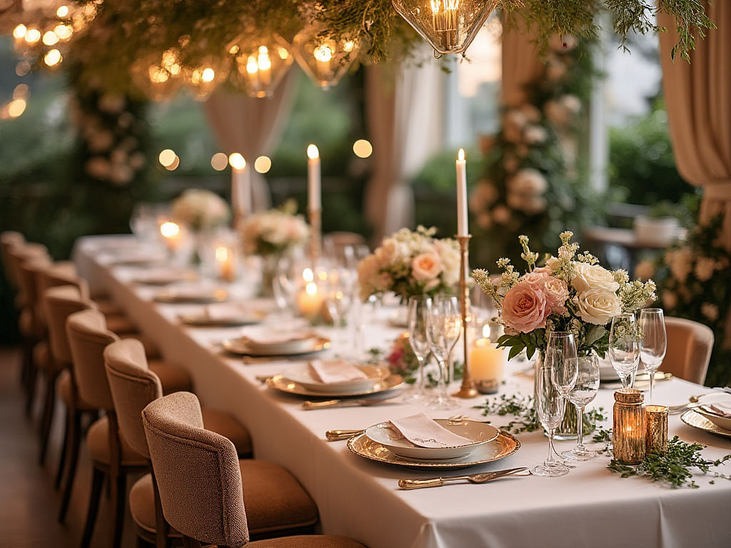 Elegant, candlelit dinner table set for a formal event, adorned with floral arrangements and luxurious tableware, creating a romantic and sophisticated atmosphere.