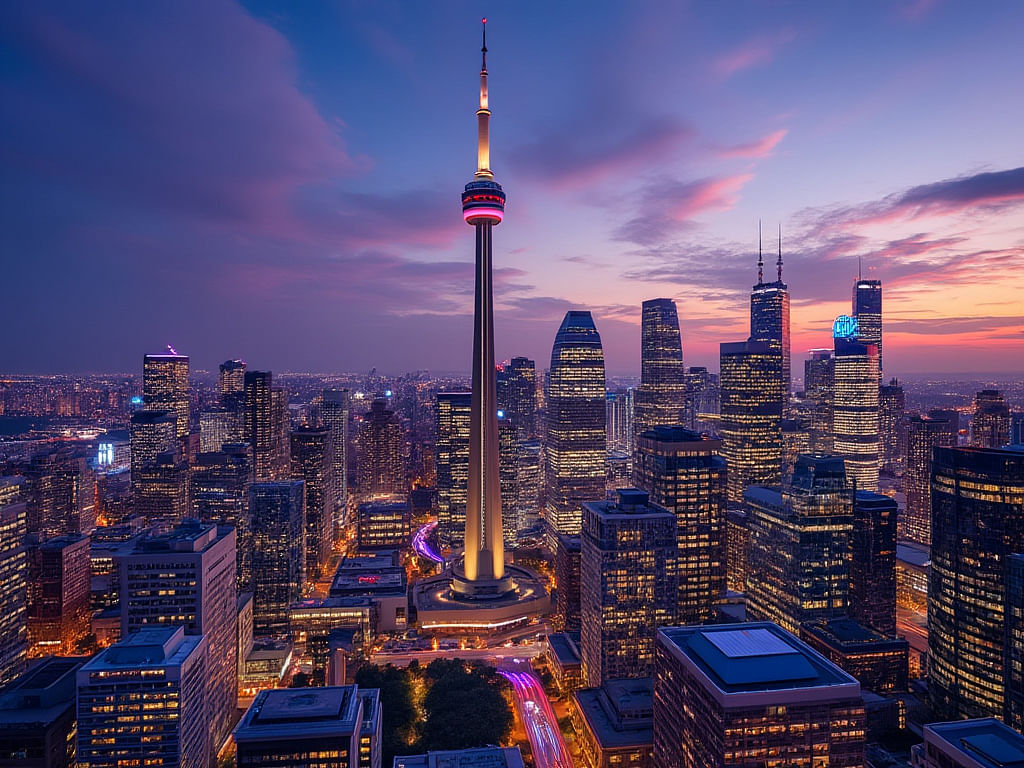 A stunning aerial view of the Toronto skyline at sunset, featuring the illuminated CN Tower and modern skyscrapers set against a vibrant dusk sky.