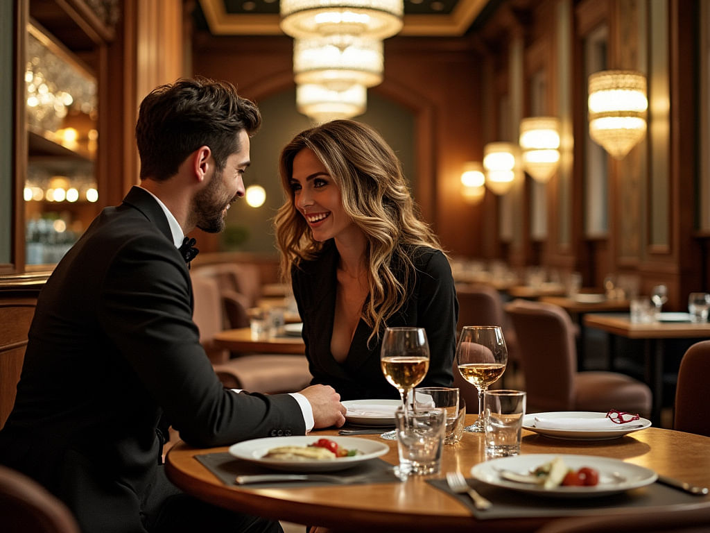 Elegant couple smiling and enjoying a private dinner in an upscale restaurant, showcasing a refined and intimate dining experience.