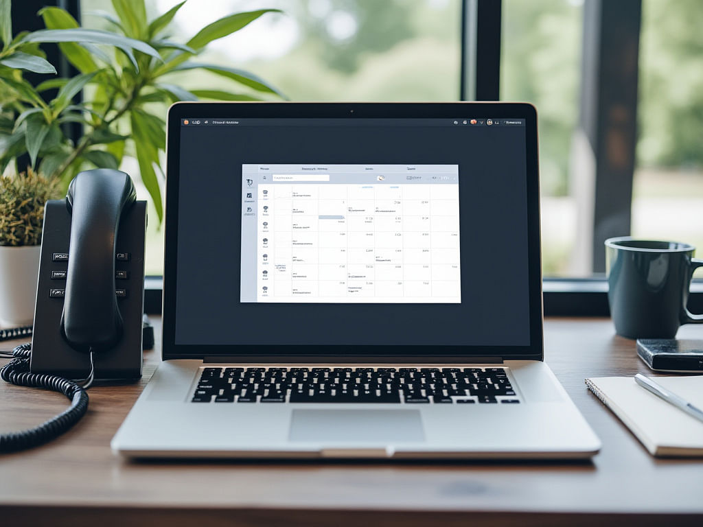 Modern office setup with a laptop displaying a calendar, a phone, and a notebook, reflecting the ease and professionalism of managing bookings in a discreet and organized manner.