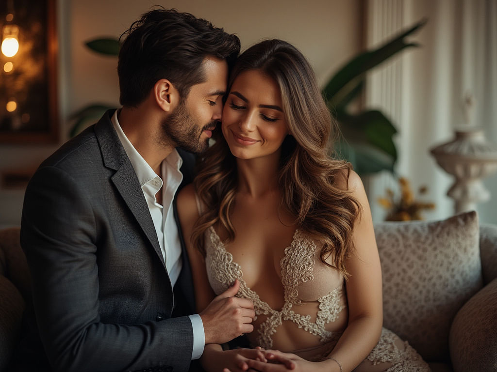 Elegant couple seated closely, sharing an intimate moment, with the man in a suit and the woman in a lace evening gown, reflecting a deeper emotional connection in a luxurious setting.