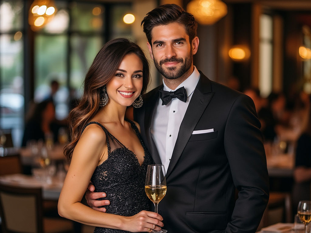 Elegant couple dressed formally, attending a sophisticated dinner event, with the woman in a glamorous black gown and the man in a classic tuxedo, symbolizing luxury and refinement.