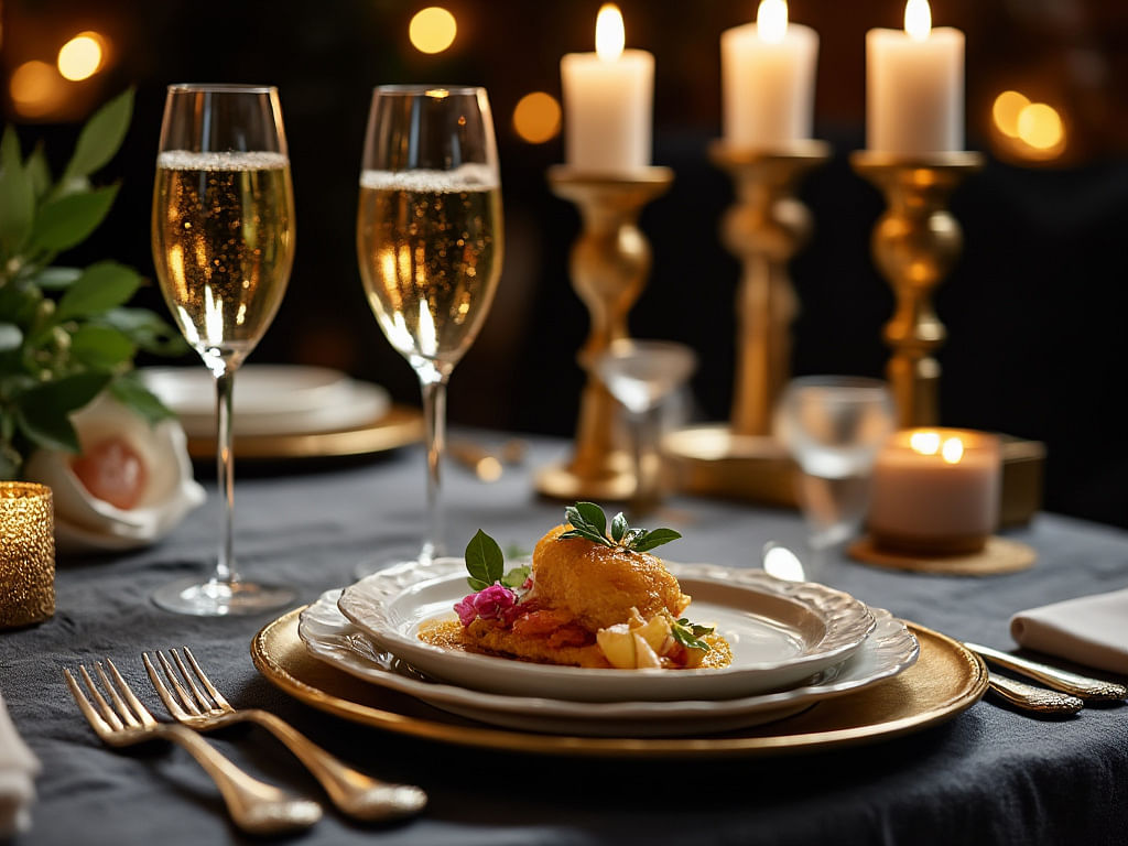 Luxurious fine dining table setting with champagne glasses, candles, and a gourmet dish, symbolizing sophistication and elegance in an intimate dining experience.