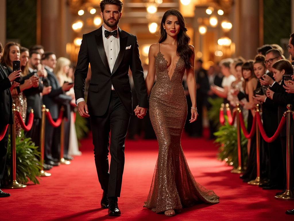 Elegant couple walking hand-in-hand on the red carpet at a gala event, dressed in a tuxedo and a glamorous gown, surrounded by an admiring crowd.